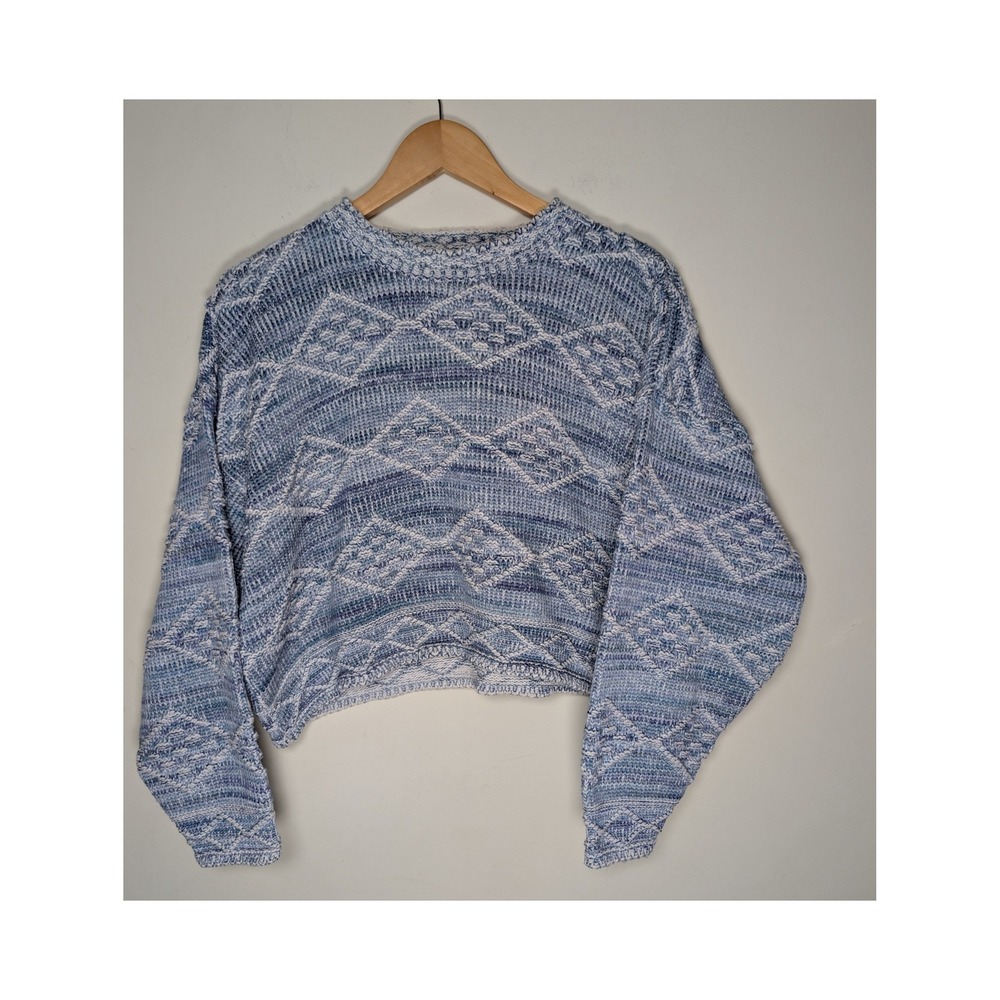 Vintage 90s FLYER Geometric Knit Sweater Made USA Cropped Blue Womens L Chunky‎